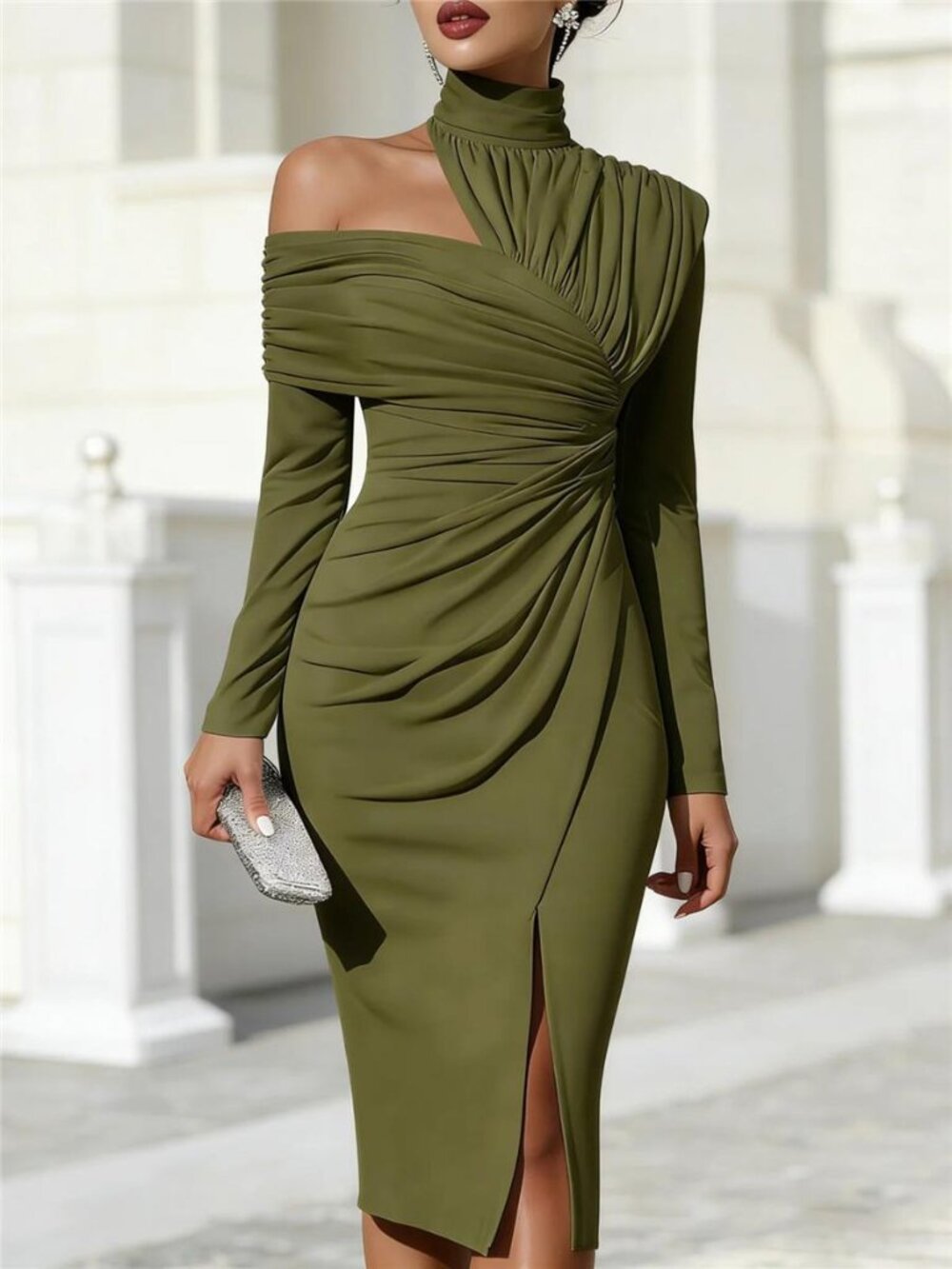 Asymmetrical Neck Ruched Slit Dress - Picture 6 of 10